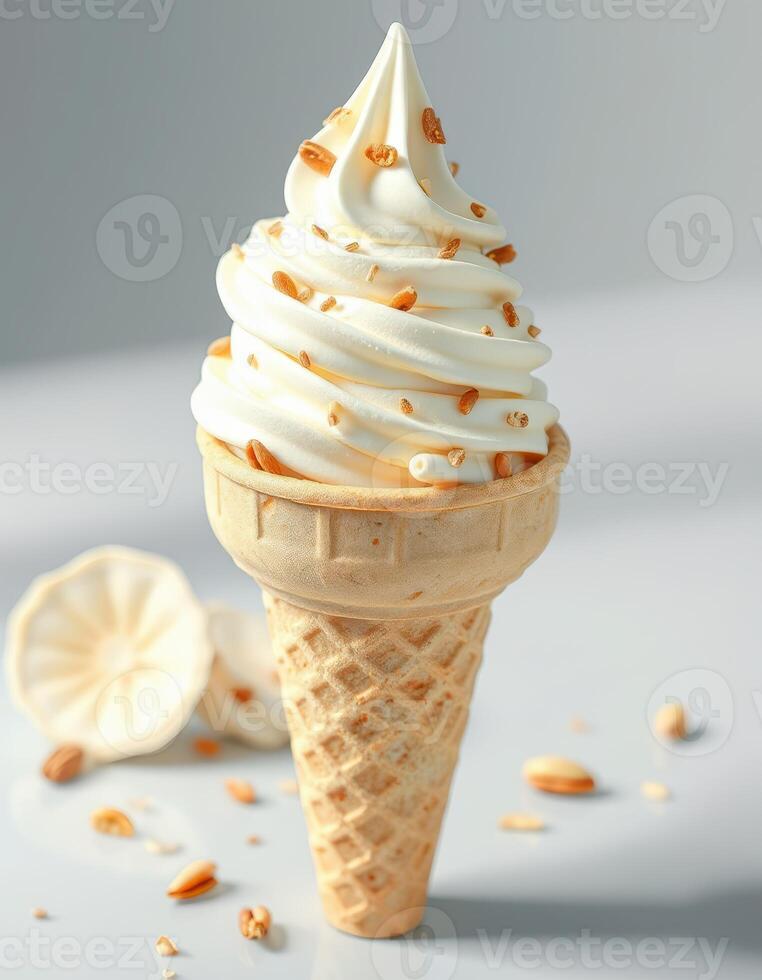 Delicious soft serve ice cream in a cone topped with crunchy sprinkles on a light background photo
