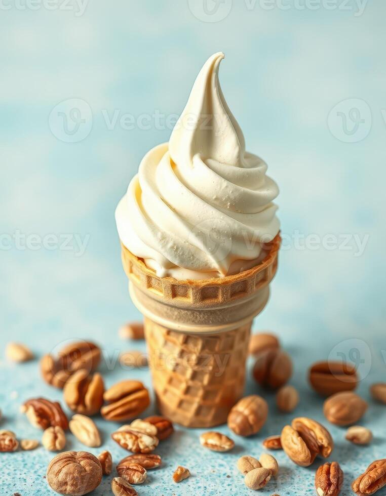 Soft serve ice cream cone with nuts on a blue background and delicious creamy texture visible photo
