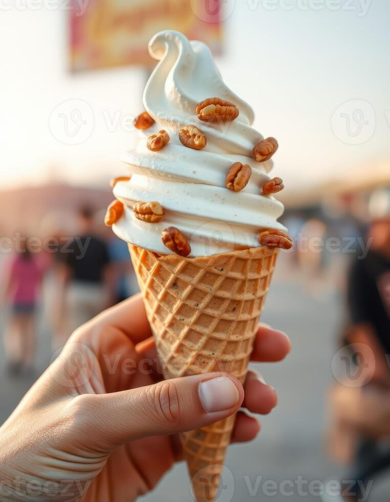 Enjoying a delicious ice cream cone topped with nuts at a bustling outdoor event photo
