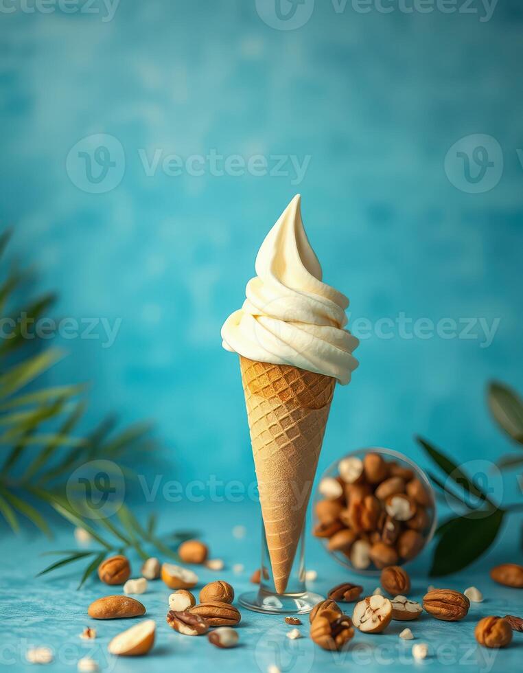 Soft serve ice cream cone surrounded by nuts on a blue background in a cozy setting photo