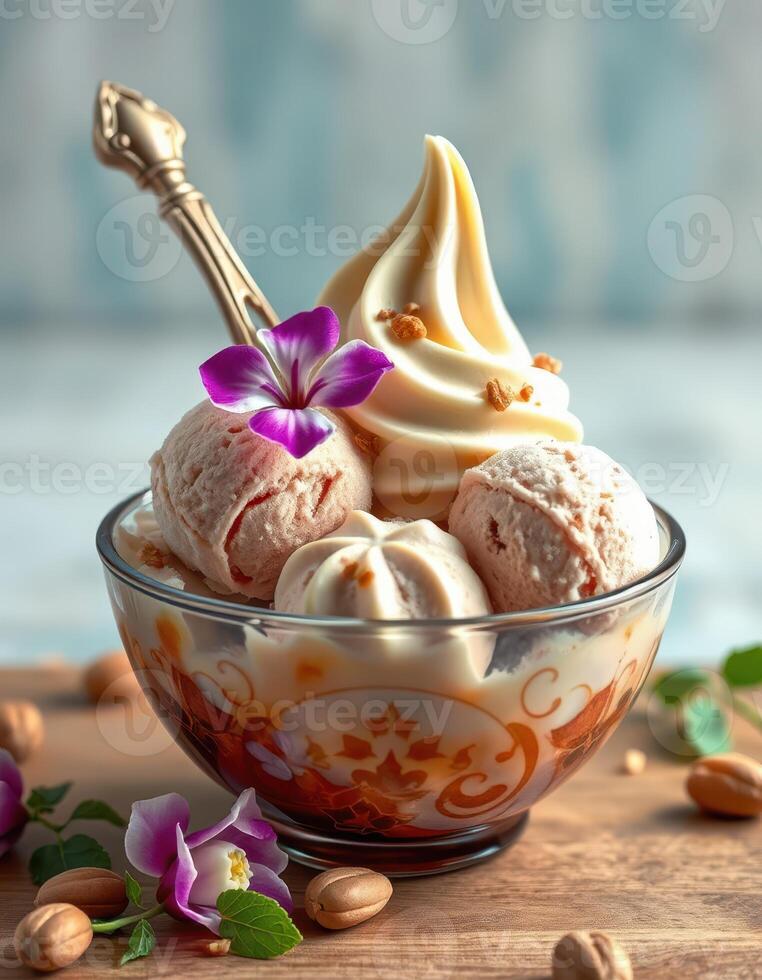Delicious dessert bowl with soft serve ice cream and flavored scoops, garnished with flowers and nuts photo