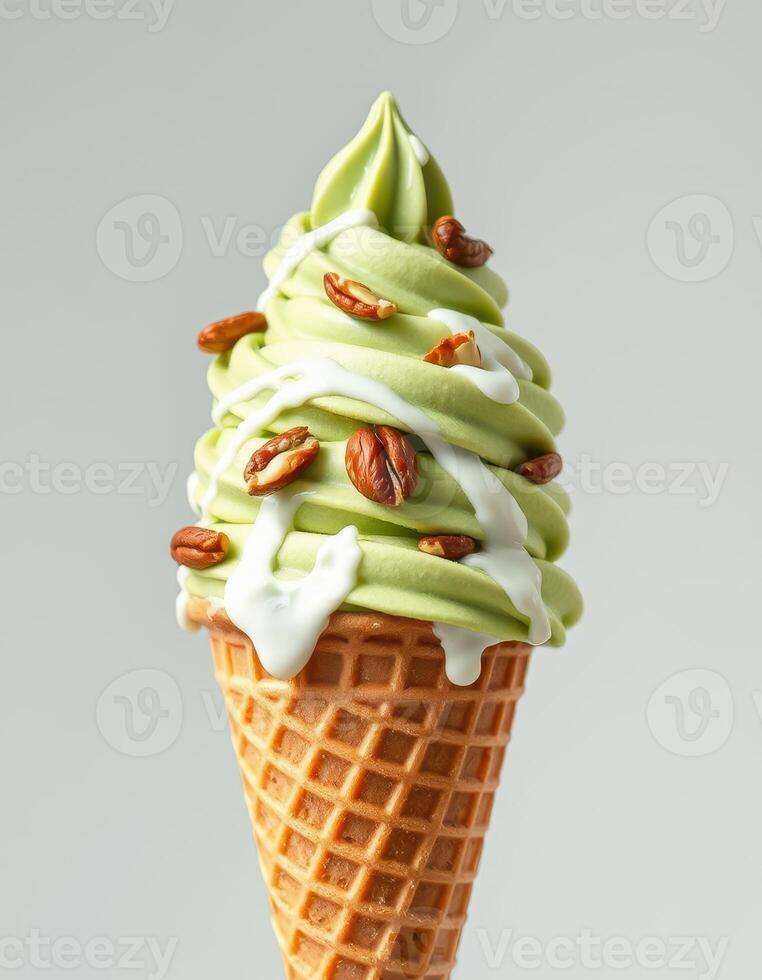 Delicious green tea soft serve ice cream topped with nuts in a waffle cone at a dessert shop photo