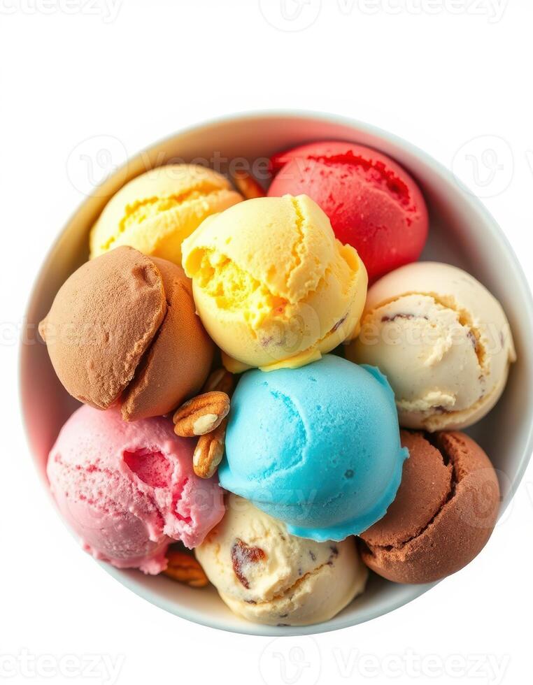 Colorful assortment of ice cream scoops in a bowl with nuts, perfect for a hot summer day treat on a sunny afternoon photo