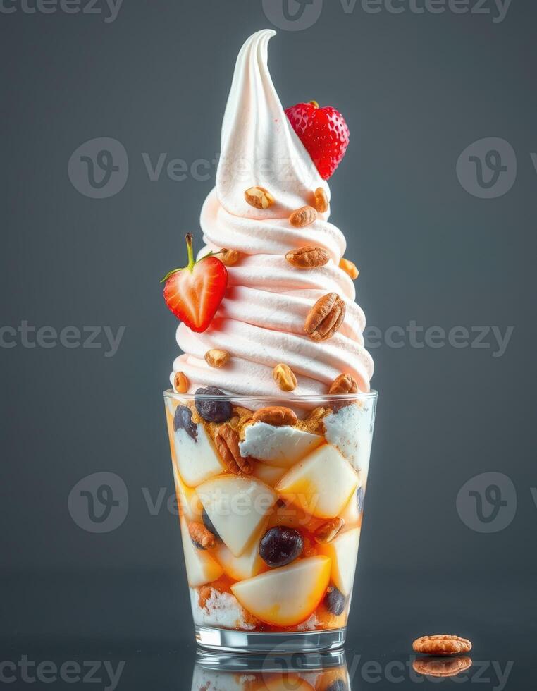 Delicious dessert featuring soft serve ice cream topped with fresh strawberries and nuts in a glass cup photo