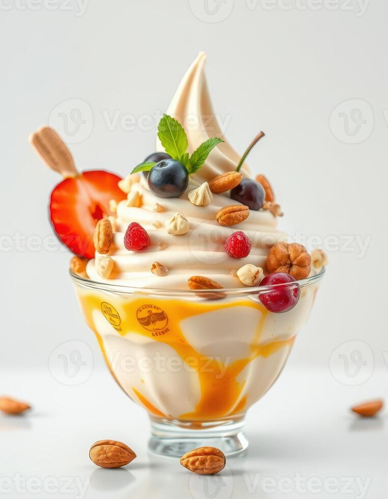 Creamy dessert with fresh fruit, nuts, and syrup presented in a clear glass bowl on a white background photo