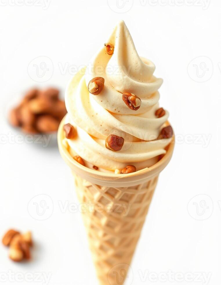 Delicious soft serve ice cream topped with caramel and nuts in a waffle cone on a bright background photo