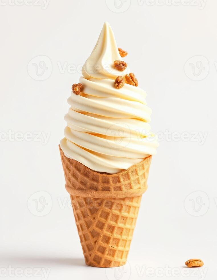 Delicious waffle cone filled with creamy soft serve ice cream topped with crunchy pieces photo