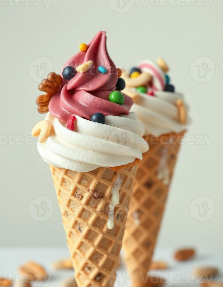Creamy swirls of frozen dessert topped with colorful sprinkles and nuts served in waffle cones photo