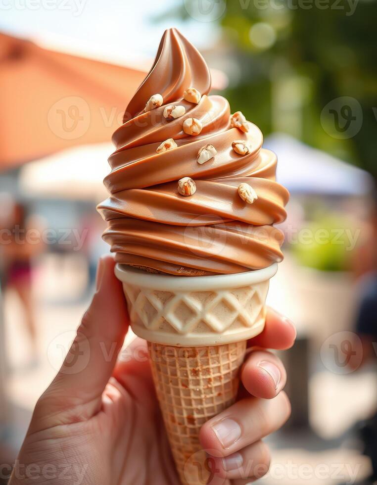 Enjoying a delicious soft serve ice cream cone on a bright summer day in a bustling outdoor location photo