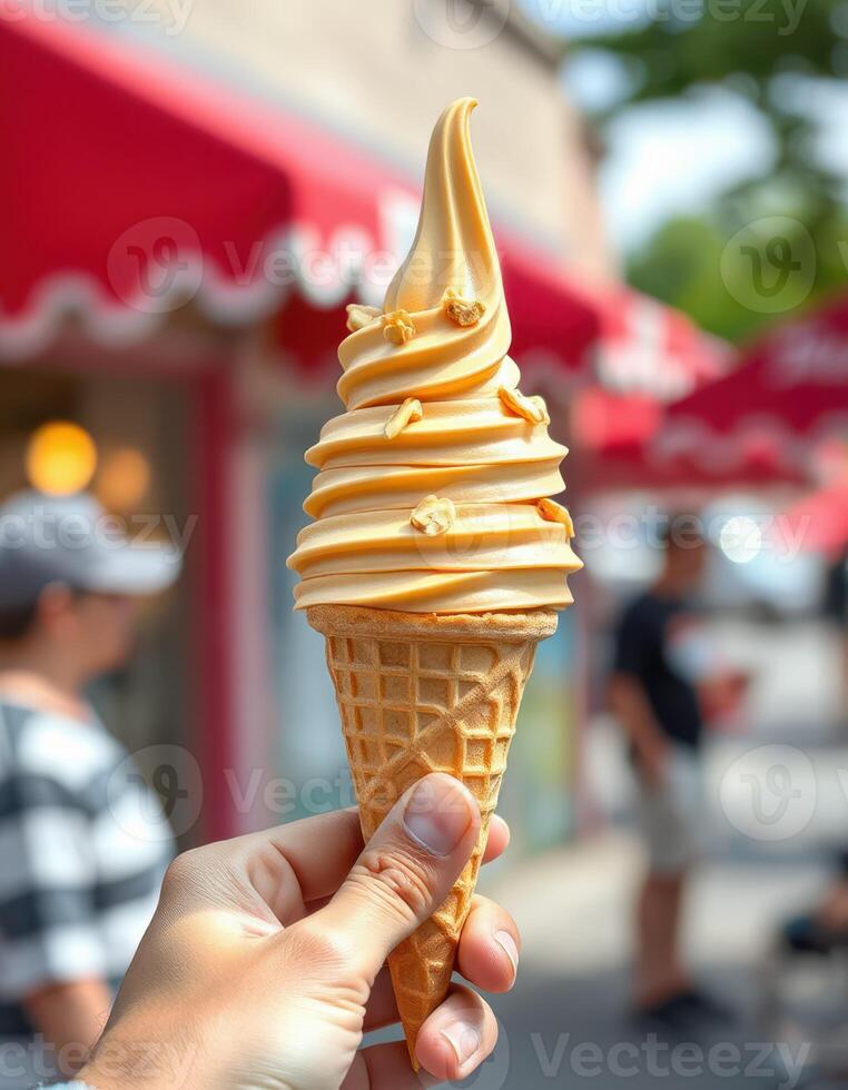 Handheld soft serve ice cream cone topped with swirls and sprinkles on a sunny day in a festive street photo