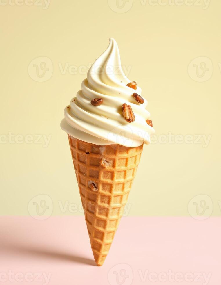 Delicious soft serve ice cream cone topped with nuts in a minimalist setup photo