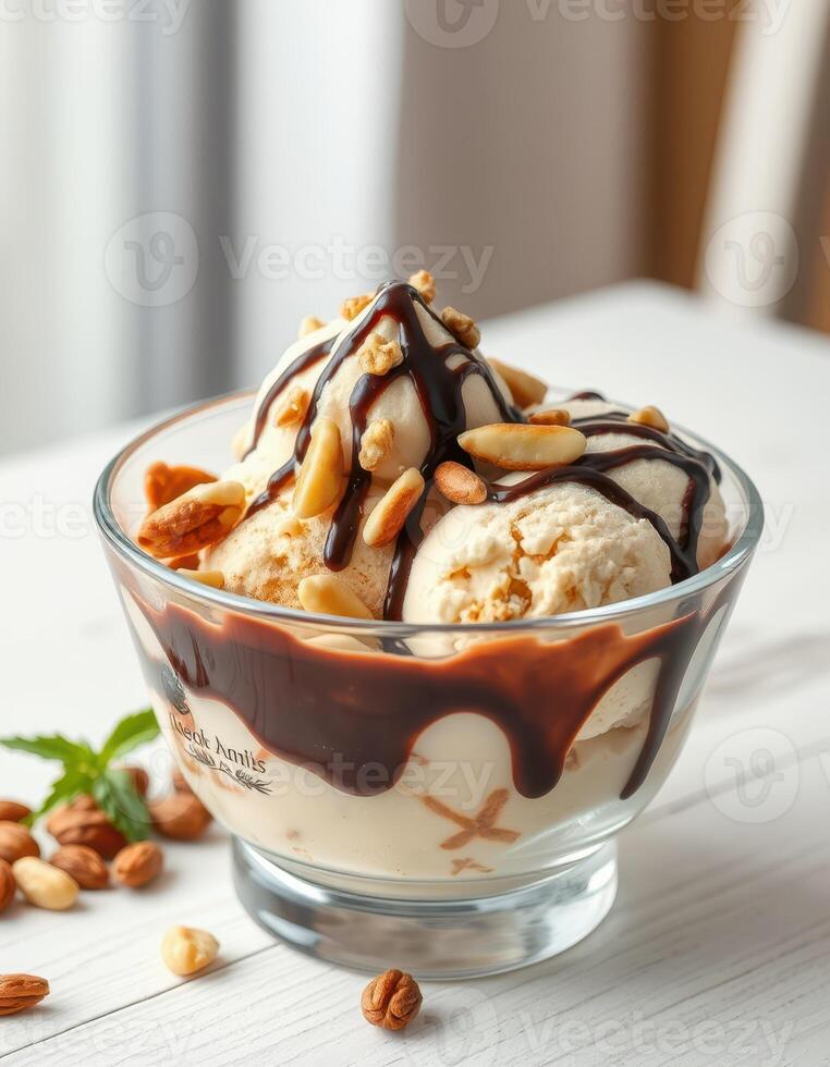 Delicious ice cream sundae topped with chocolate sauce and peanuts served in a clear glass bowl photo