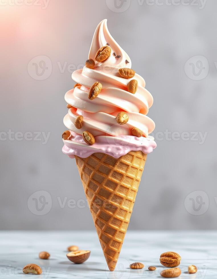 Soft serve ice cream cone topped with nuts served on a marble surface in a modern dessert setting photo