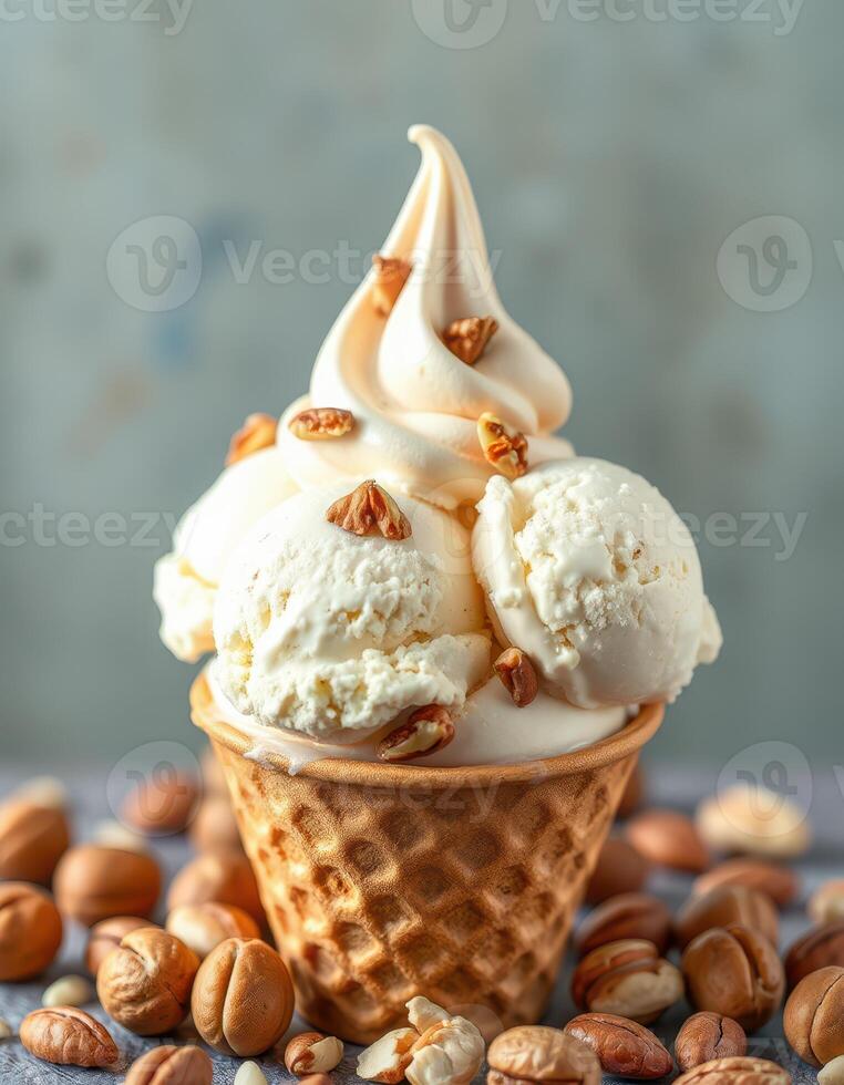 Delicious ice cream cone topped with swirled soft serve and crunchy nuts in a cozy setting photo