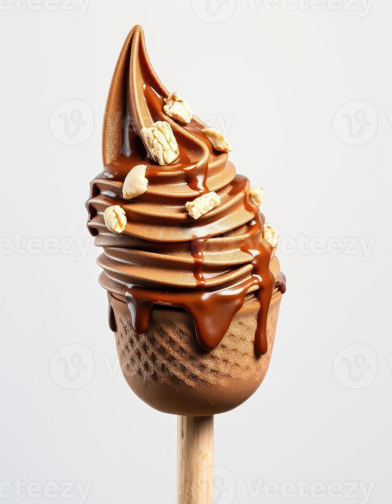 Delicious chocolate soft serve topped with caramel sauce and crunchy pieces on a cone stick photo