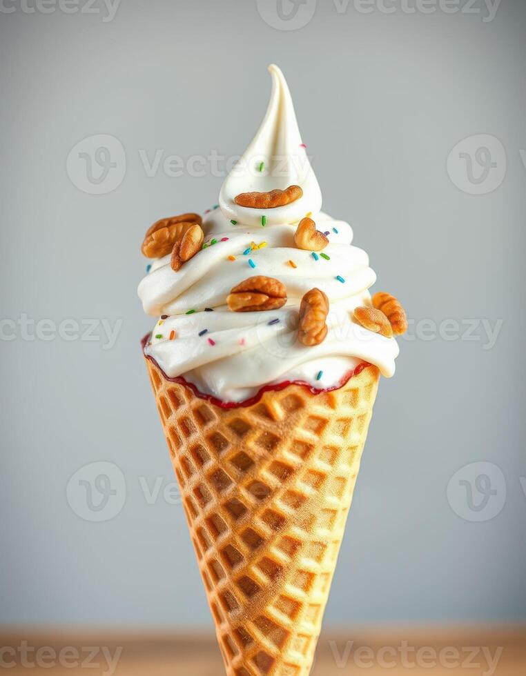 Soft serve ice cream topped with nuts and colorful sprinkles in a waffle cone on a simple background photo