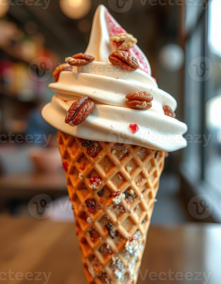 Unique ice cream cone with pecans and swirl topping in a cozy dessert shop photo