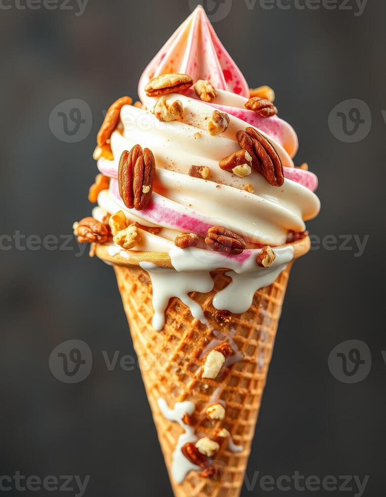 Deliciously swirled ice cream cone topped with nuts and syrup, perfect for a summer treat photo