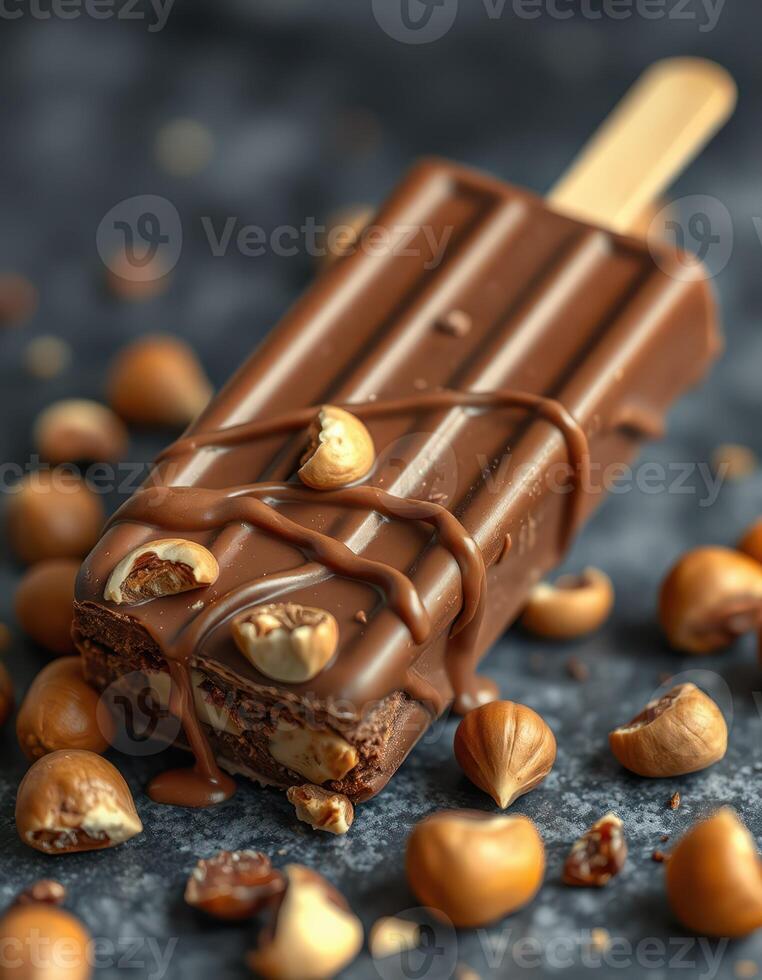 Chocolate popsicle with nuts drizzled in chocolate on a dark surface surrounded by hazelnuts and chocolate pieces photo