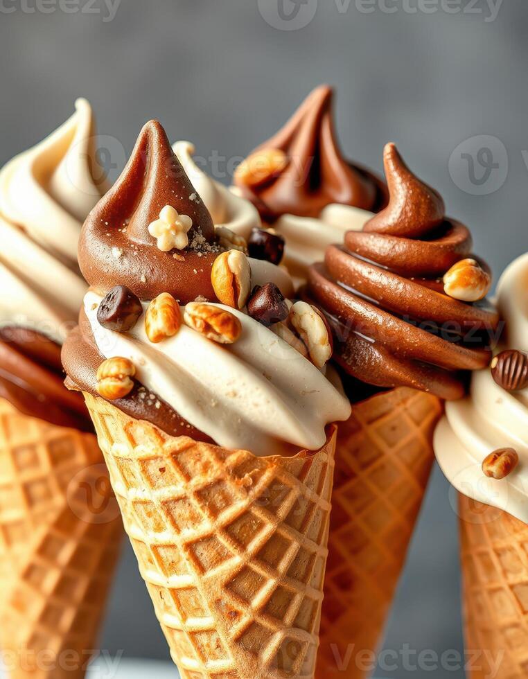 Delicious chocolate and vanilla soft serve ice cream cones topped with nuts, presented appealingly in a bright setting photo