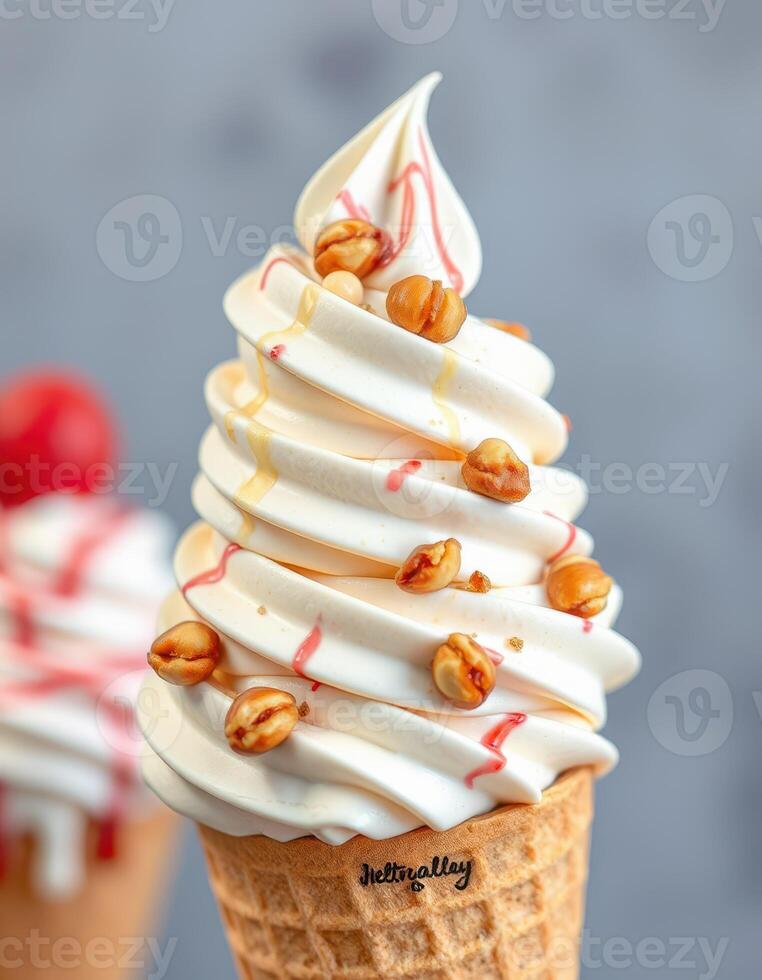 Delicious ice cream cone topped with nuts and syrup served in vibrant setting photo