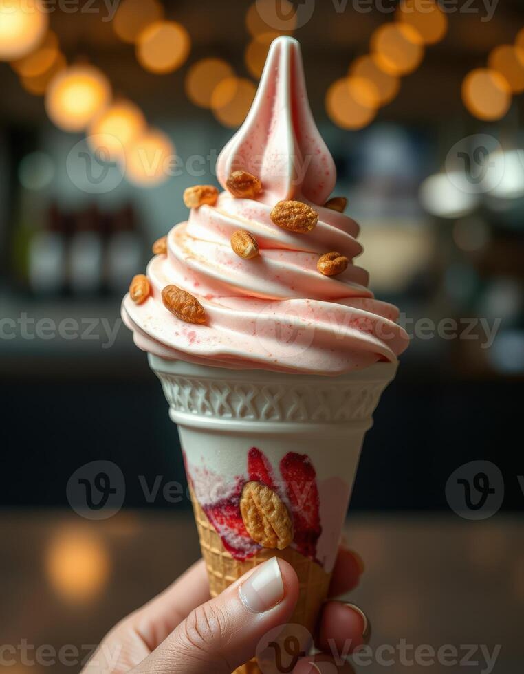 Handmade strawberry swirl ice cream cone topped with crunchy granola in a cozy cafe setting photo