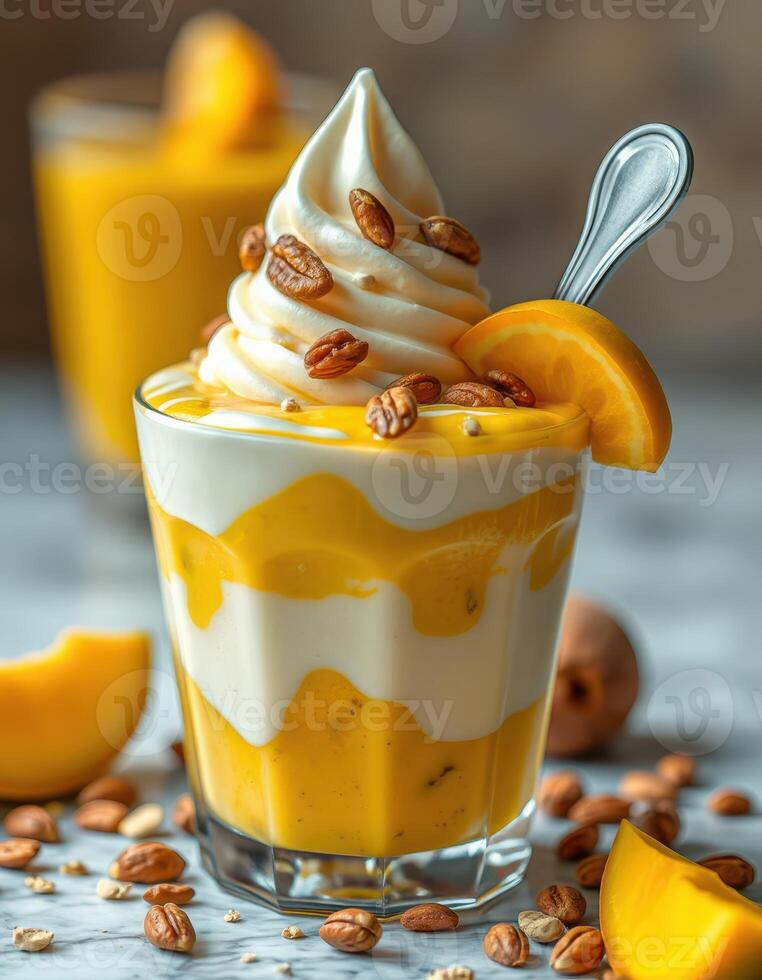 Delicious tropical dessert featuring layers of mango and creamy yogurt topped with nuts and fruit slice photo