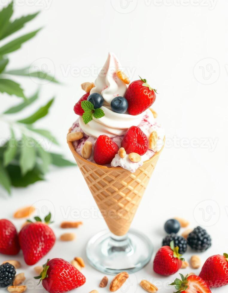 Delicious ice cream cone topped with fresh strawberries, blueberries, and nuts on a white background photo