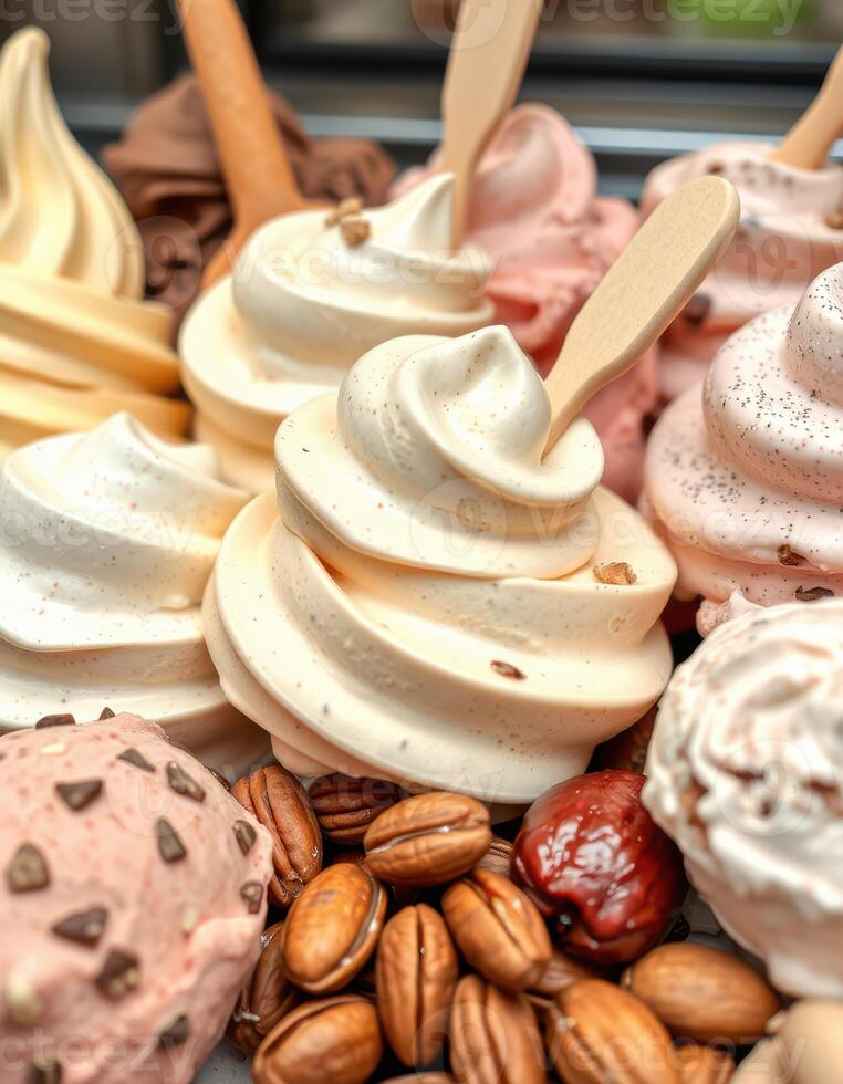 Assorted ice cream cones and scoops displayed artistically with nuts and toppings in a vibrant setting photo