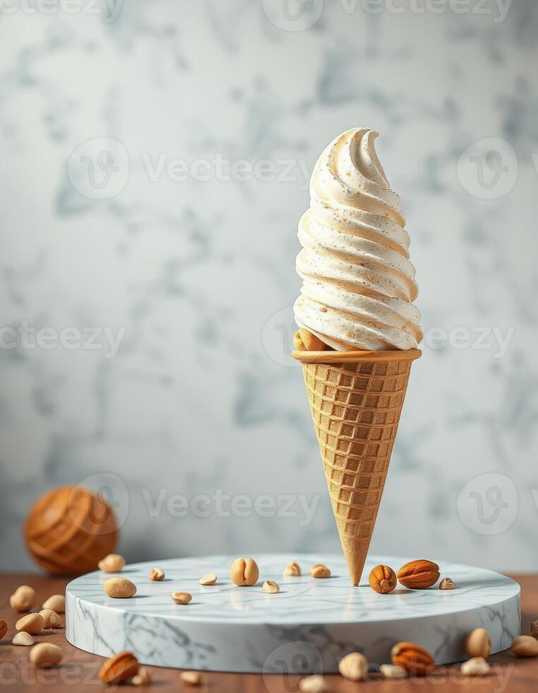 Delicious soft serve ice cream cone topped with nuts displayed on a marble surface in a cozy setting photo