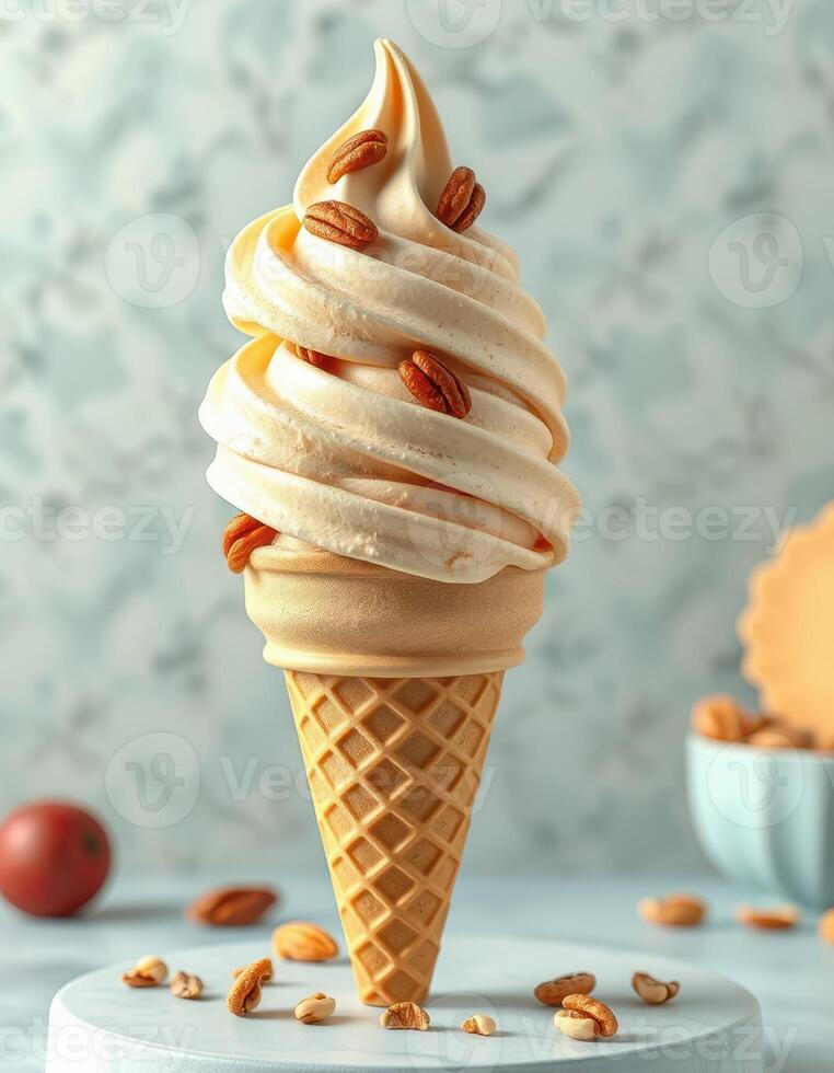 Delicious soft serve ice cream topped with nuts in a cone served in a bright and inviting dessert setting photo