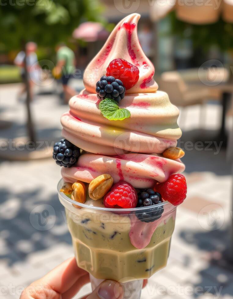 Tasty soft-serve ice cream topped with berries and nuts enjoyed on a sunny day in a vibrant outdoor setting photo