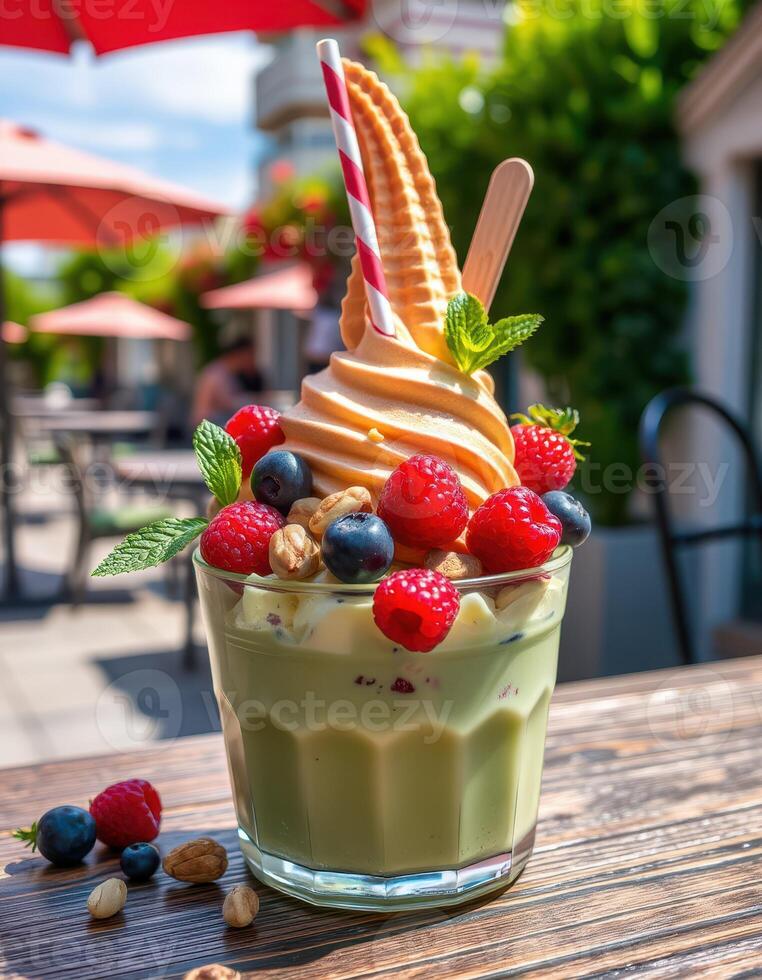 Delicious soft serve ice cream topped with fresh berries and nuts at a sunny outdoor cafe photo