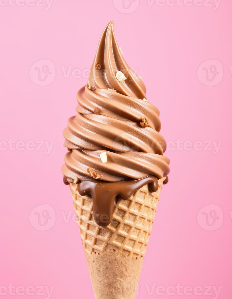 Chocolate soft serve ice cream cone against a vibrant pink background at a dessert shop photo