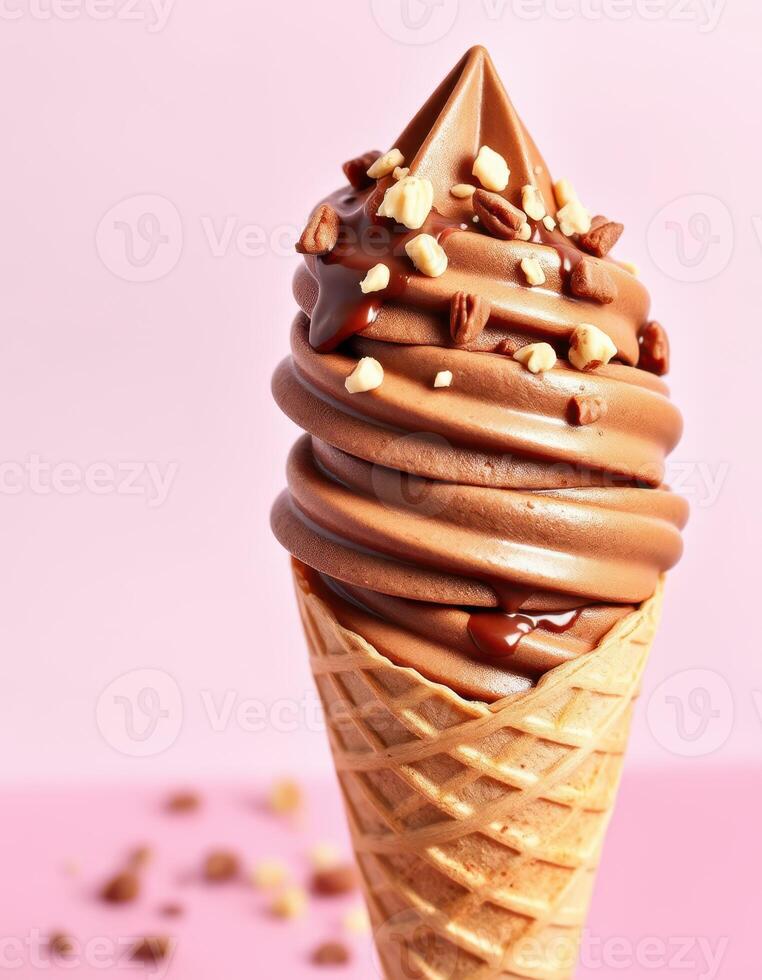 Delicious chocolate soft serve ice cream cone topped with nuts on a pastel pink background, perfect for summer enjoyment photo