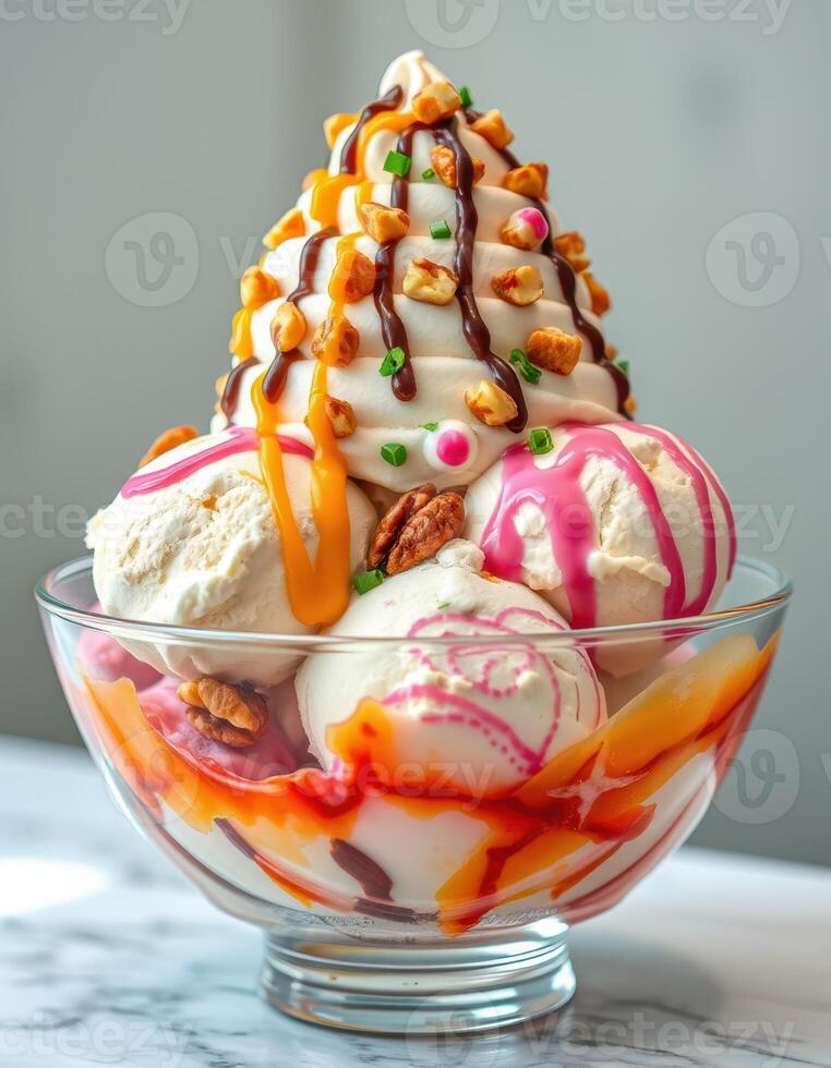 Delicious ice cream sundae topped with nuts, chocolate sauce, and colorful sprinkles served in a clear glass bowl photo