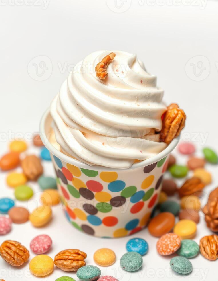 Creamy soft serve dessert topped with nuts and colorful candies in a festive cup on a bright background photo