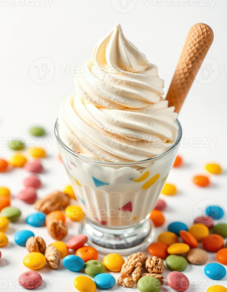 Creamy soft serve dessert topped with colorful candies and a wafer cone during a sunny afternoon photo