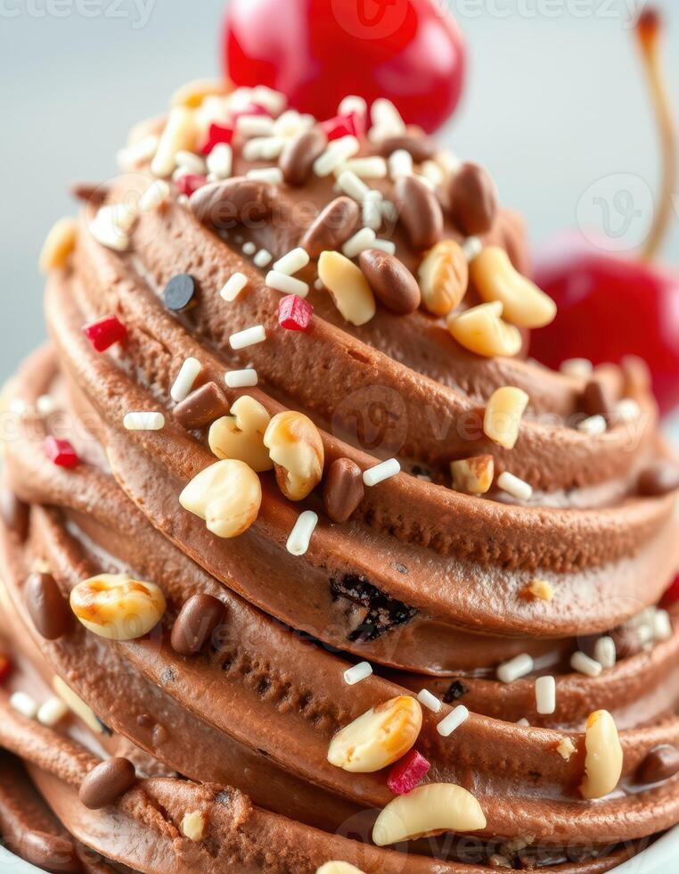 Indulgent chocolate soft serve topped with nuts and cherries in a dessert setting photo