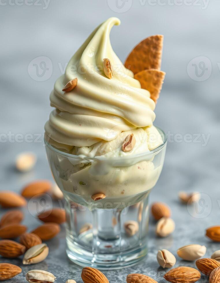 Creamy almond soft serve dessert served in a small glass with crunchy toppings and whole almonds scattered around photo