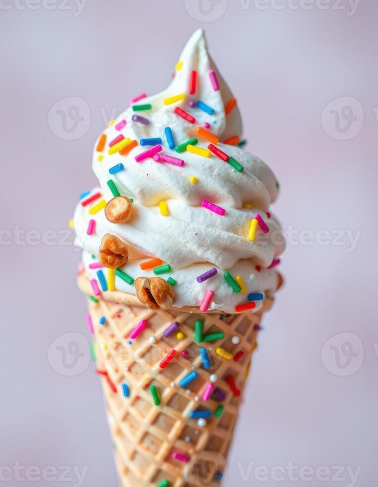 Delicious ice cream cone topped with colorful sprinkles served in a classic waffle cone during warm summer days photo