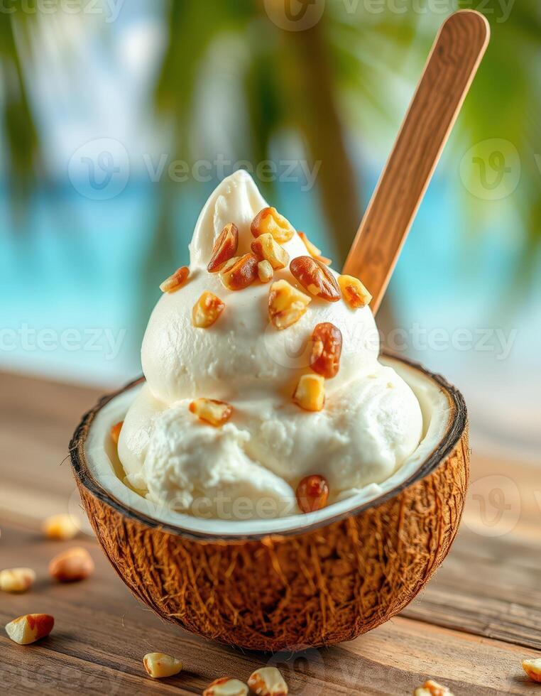 Delicious coconut bowl filled with creamy ice cream topped with crunchy nuts by a tranquil poolside photo