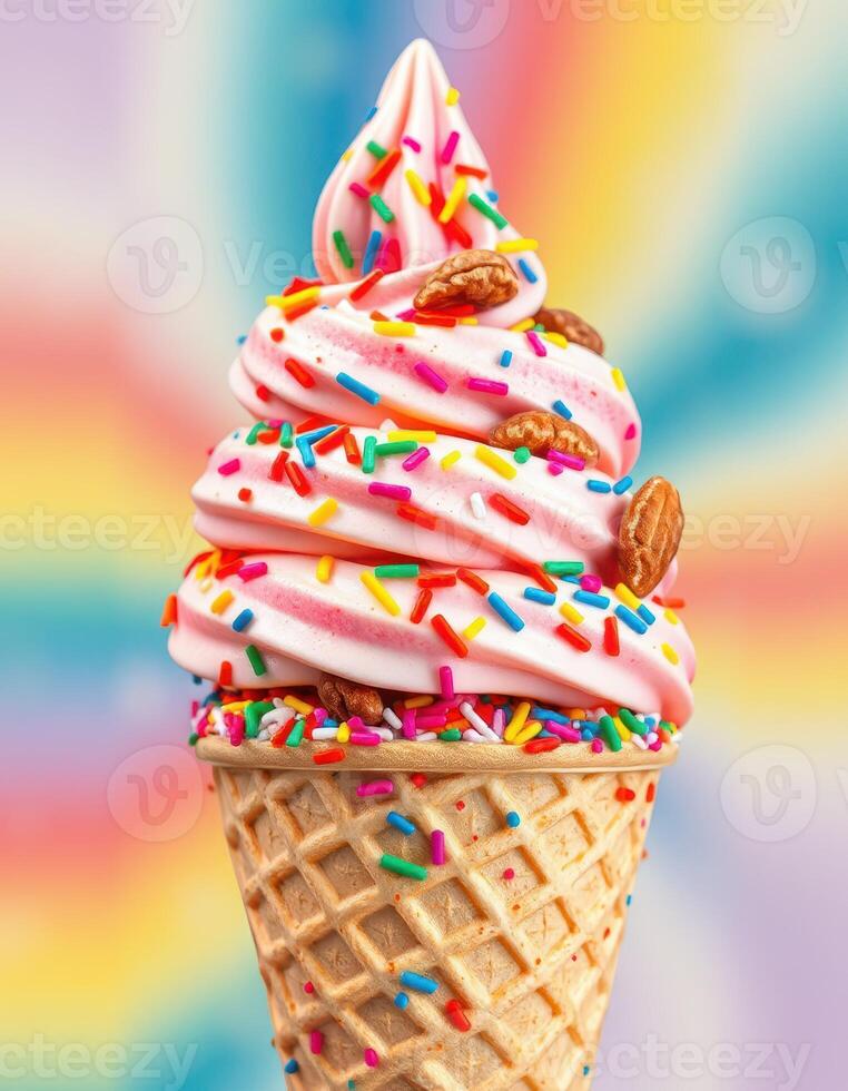 Delightful swirled soft serve ice cream in a cone topped with colorful sprinkles and nuts photo