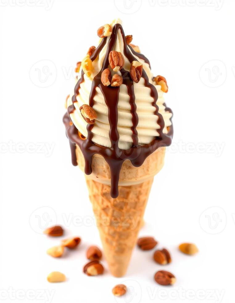 Delicious soft serve ice cream cone topped with chocolate syrup and crushed nuts served on a clean white background photo