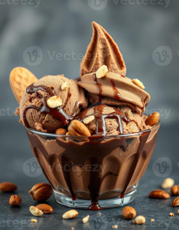 Indulgent chocolate ice cream sundae topped with nuts served in a clear glass bowl photo