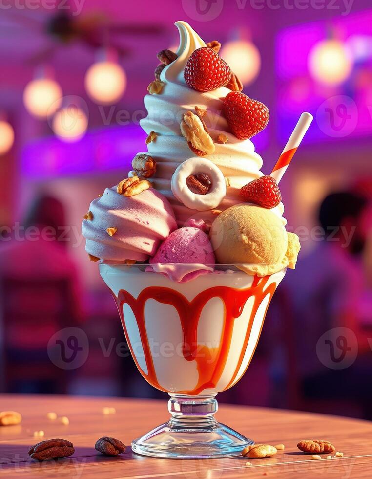 Indulging in a colorful ice cream sundae topped with strawberries and nuts in a vibrant dessert shop photo