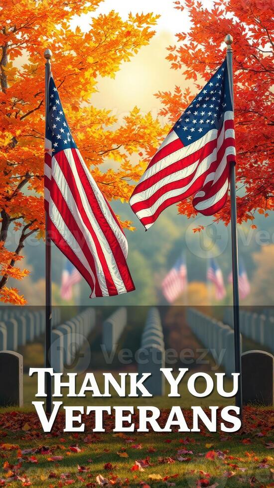 Honor and recognition for veterans with flags amidst autumn scenery in a cemetery setting photo