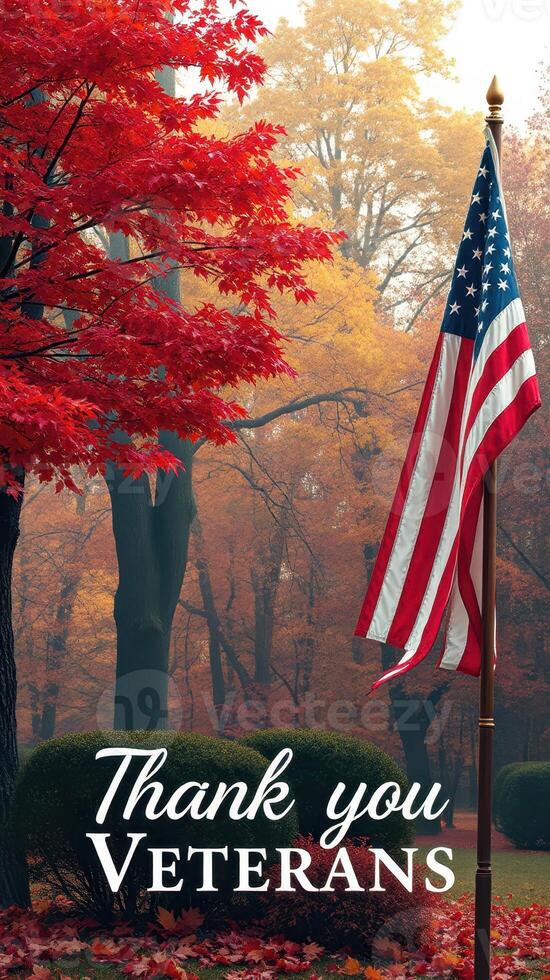 Honor veterans with gratitude in a serene autumn park surrounded by vibrant red foliage photo