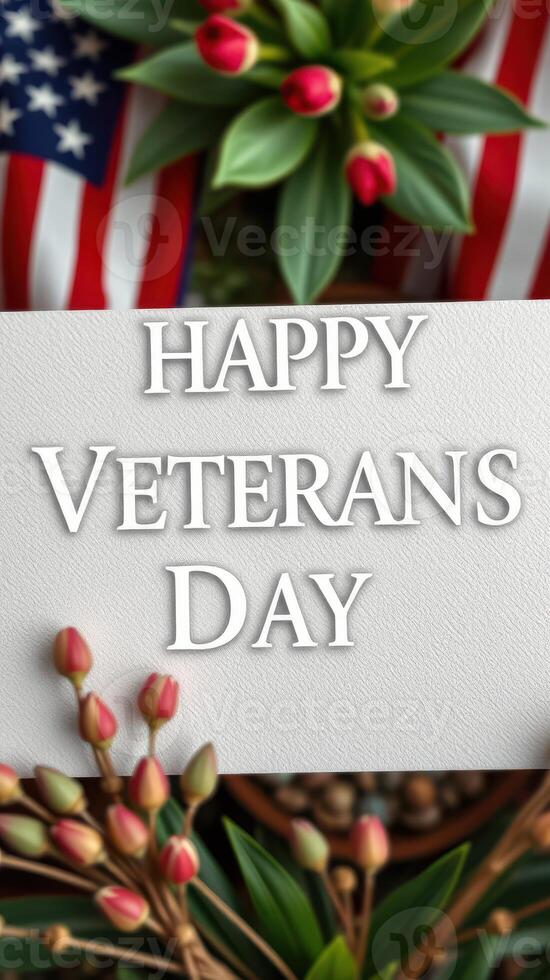 Celebration of Veterans Day with flowers and American flags displayed in a warm setting photo