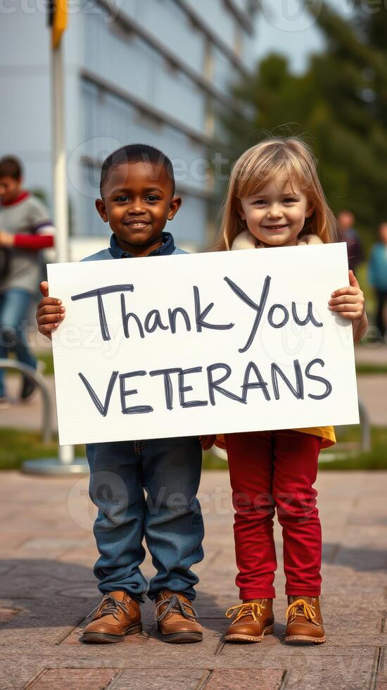 Children express gratitude with a heartfelt sign at a community event honoring veterans on a sunny day photo